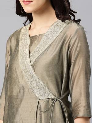 Grey Embroidered Chanderi Stitched Kurti With Churidar 5
