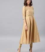 Beige Embroidered Chanderi Stitched Kurti With Churidar