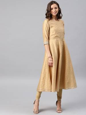 Beige Embroidered Chanderi Stitched Kurti With Churidar 2