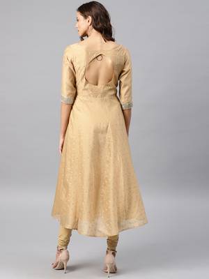 Beige Embroidered Chanderi Stitched Kurti With Churidar 3