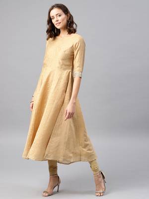 Beige Embroidered Chanderi Stitched Kurti With Churidar 4