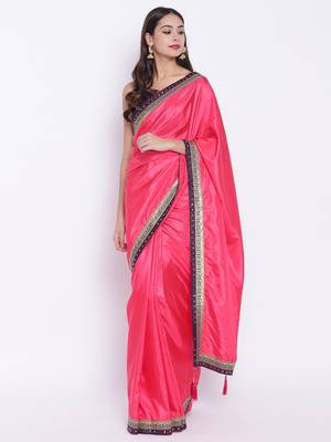 Chhabra 555 Pink Plain Art Silk saree with blouse 1