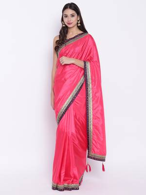 Chhabra 555 Pink Plain Art Silk saree with blouse 2