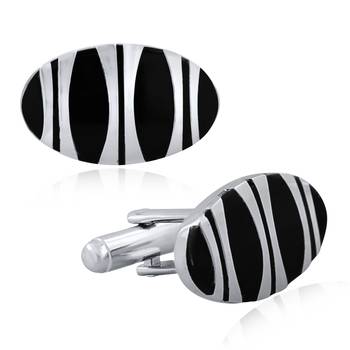 Designer Stripe Oval Black Silver Enamel Rhodium Plated High Quality Brass Cufflink Pair for Men 2