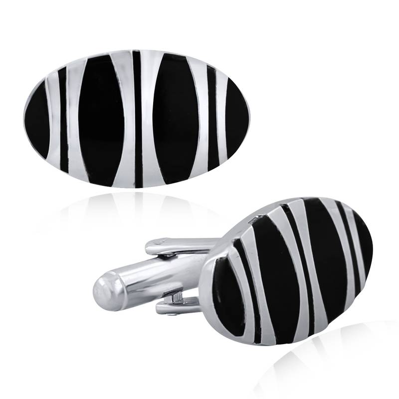 Designer Stripe Oval Black Silver Enamel Rhodium Plated High Quality Brass Cufflink Pair for Men