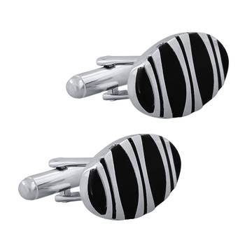 Designer Stripe Oval Black Silver Enamel Rhodium Plated High Quality Brass Cufflink Pair for Men 3