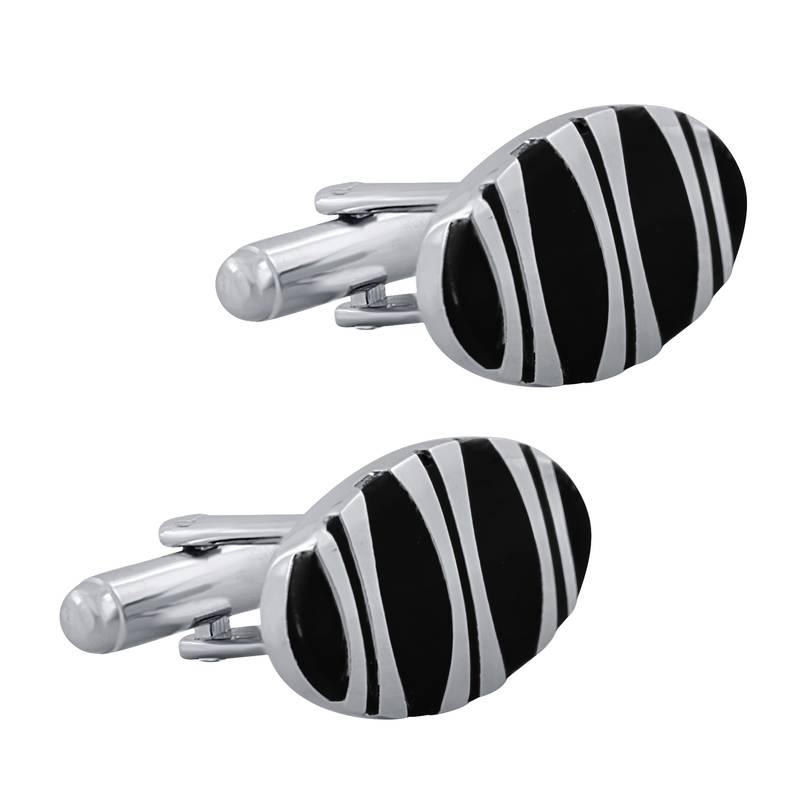 Designer Stripe Oval Black Silver Enamel Rhodium Plated High Quality Brass Cufflink Pair for Men