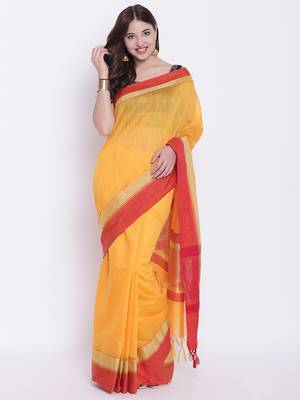 Chhabra 555 Mustard Plain Silk Cotton saree with blouse 1