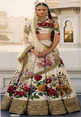 off white floral print party embroidered art silk lehenga set choli with dupatta  4