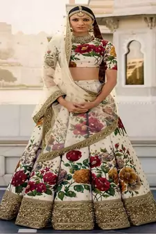 off white floral print party embroidered art silk lehenga set choli with dupatta 
