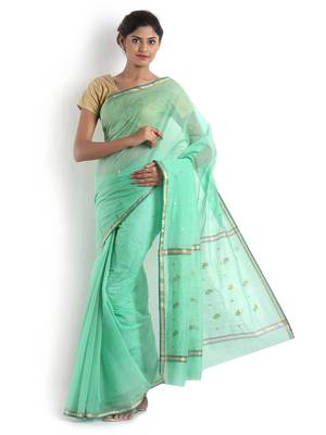 Sea Green Hand Woven Cotton Silk Saree With Blouse 1