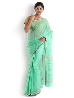 Sea Green Hand Woven Cotton Silk Saree With Blouse 2