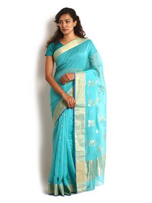 Blue Hand Woven Chanderi Saree With Blouse 1