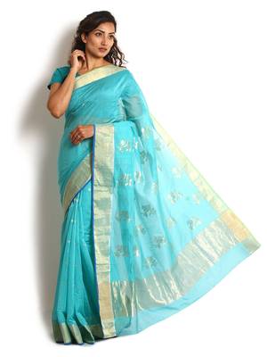Blue Hand Woven Chanderi Saree With Blouse 2