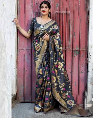 Grey woven banarasi art silk saree with blouse 1