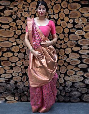 Salmon woven banarasi art silk saree with blouse 1