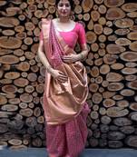 Salmon woven banarasi art silk saree with blouse