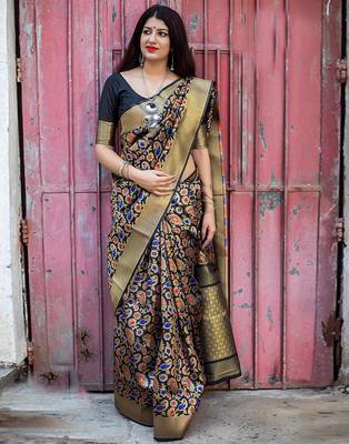 Black woven banarasi art silk saree with blouse 1