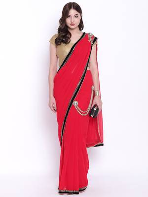 Chhabra 555 Red Plain Poly Georgette saree with blouse 1