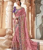 Pink embroidered silk saree with blouse