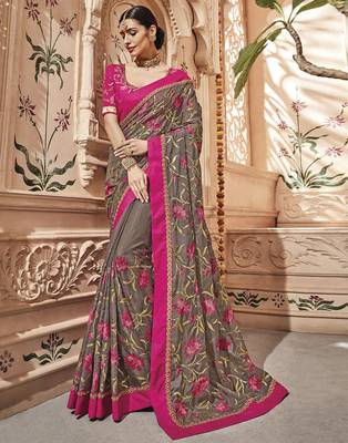 Grey embroidered silk saree with blouse 1