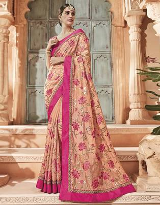 Peach embroidered silk saree with blouse 1