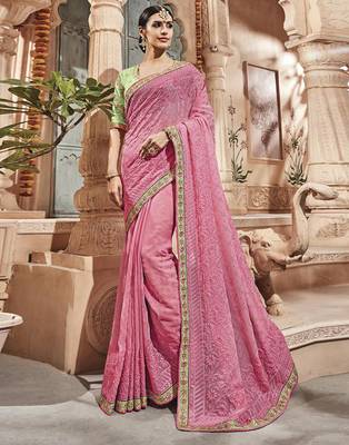 Pink embroidered silk saree with blouse 1