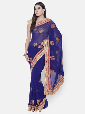 Chhabra 555 Blue Embroidered Poly Georgette saree with blouse 1