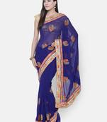 Chhabra 555 Blue Embroidered Poly Georgette saree with blouse
