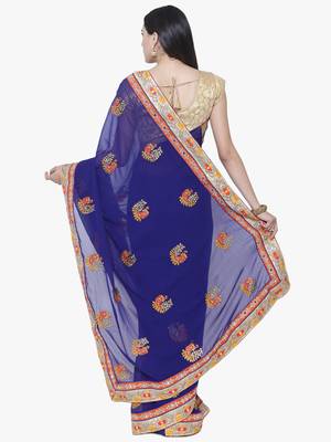 Chhabra 555 Blue Embroidered Poly Georgette saree with blouse 2