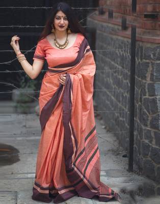 Salmon printed cotton saree with blouse 1