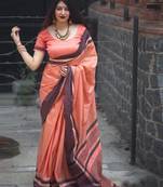 Salmon printed cotton saree with blouse