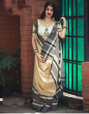 Off white printed cotton saree with blouse 1