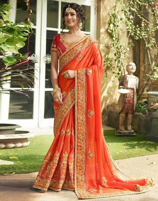 Orange embroidered silk saree with blouse 1