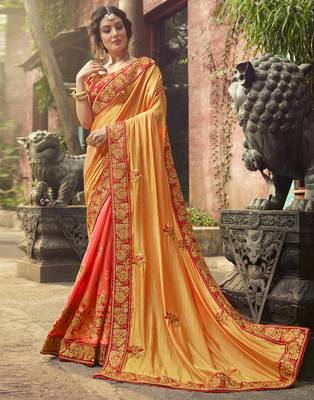 Orange embroidered silk saree with blouse 1