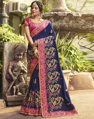 Blue embroidered silk saree with blouse 1