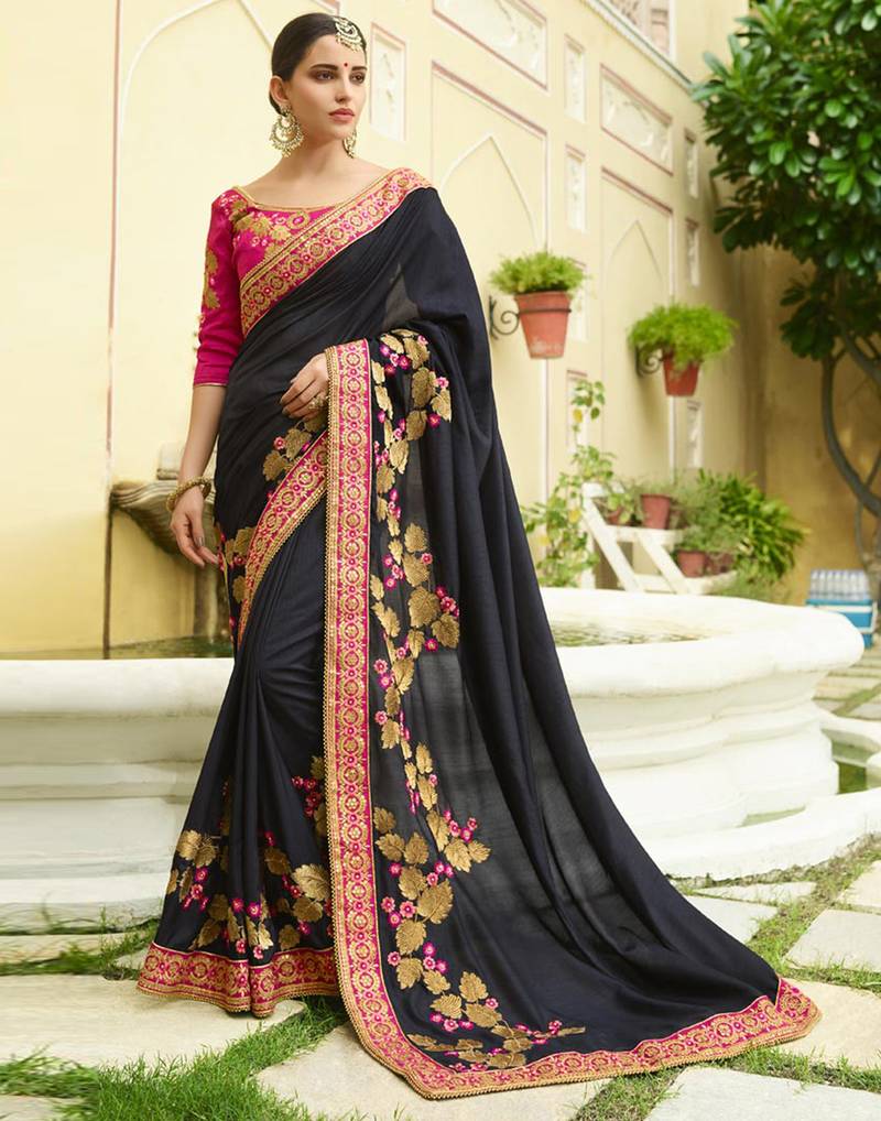 Dark grey embroidered silk saree with blouse
