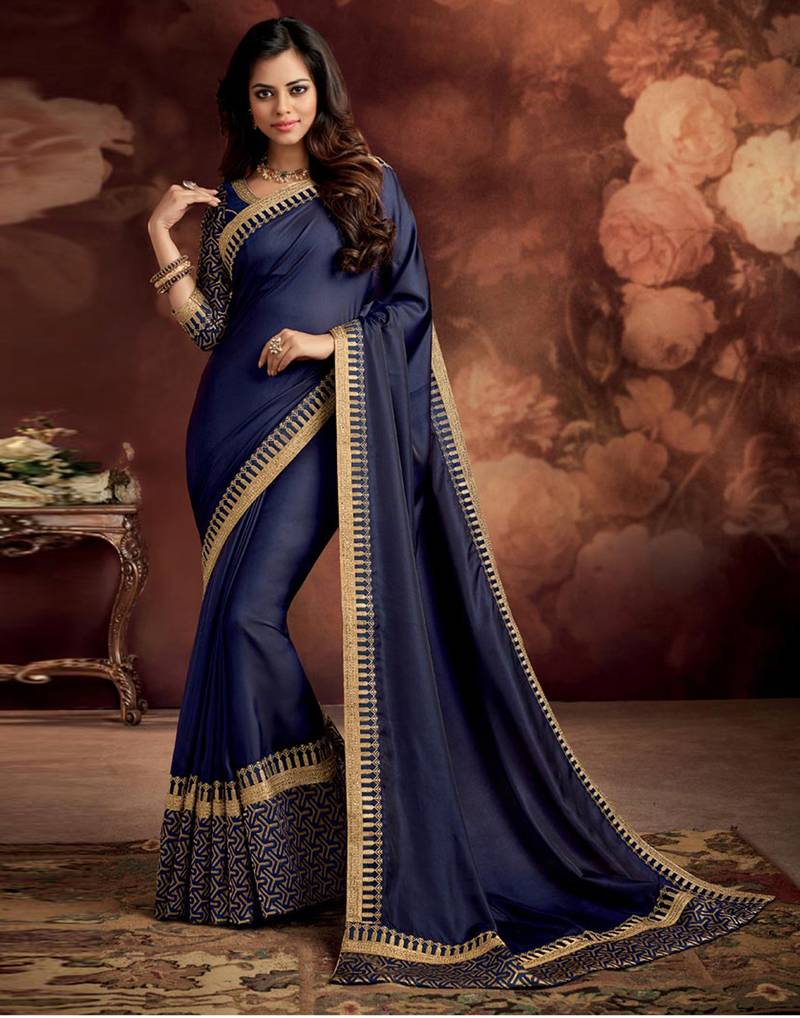 Navy blue embroidered satin saree with blouse