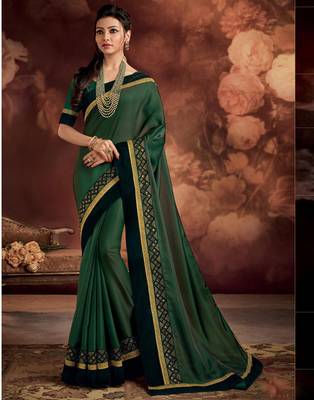 Green embroidered satin saree with blouse 1
