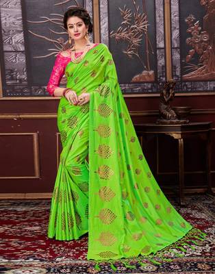 Parrot green printed silk saree with blouse 1