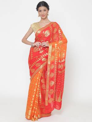 Chhabra 555 Orange Woven Poly Georgette saree with blouse 1