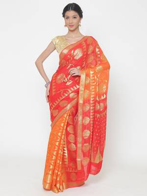 Chhabra 555 Orange Woven Poly Georgette saree with blouse 2