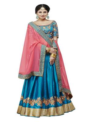 Dark-Blue Embroidered Silk Satin Lehenga With Dupatta 2
