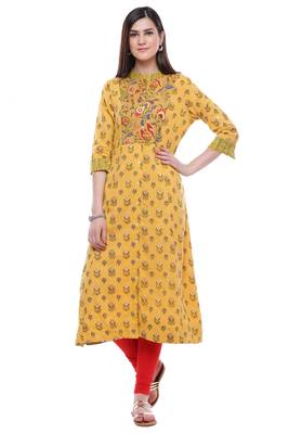 Yellow printed khadi cotton kurtis 1