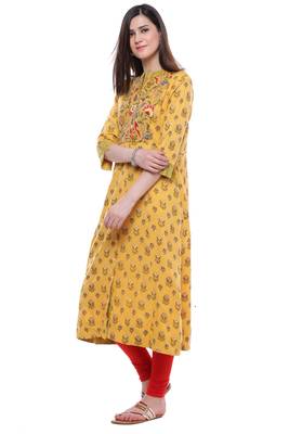 Yellow printed khadi cotton kurtis 2