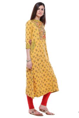 Yellow printed khadi cotton kurtis 3