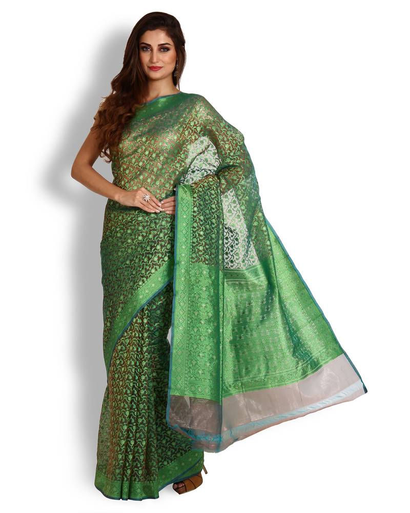 Green Hand Woven Organza Saree With Blouse