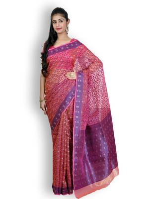 Pink Hand Woven Organza Saree With Blouse 3
