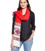 Chhabra 555 Red & White Woven Woolen Stole Shawl With Tassles