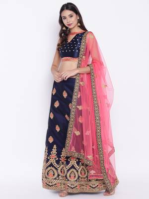 Chhabra 555 Blue Silk Zari Embroidered Semi Stitched Lehenga Choli with Pink Dupatta 1